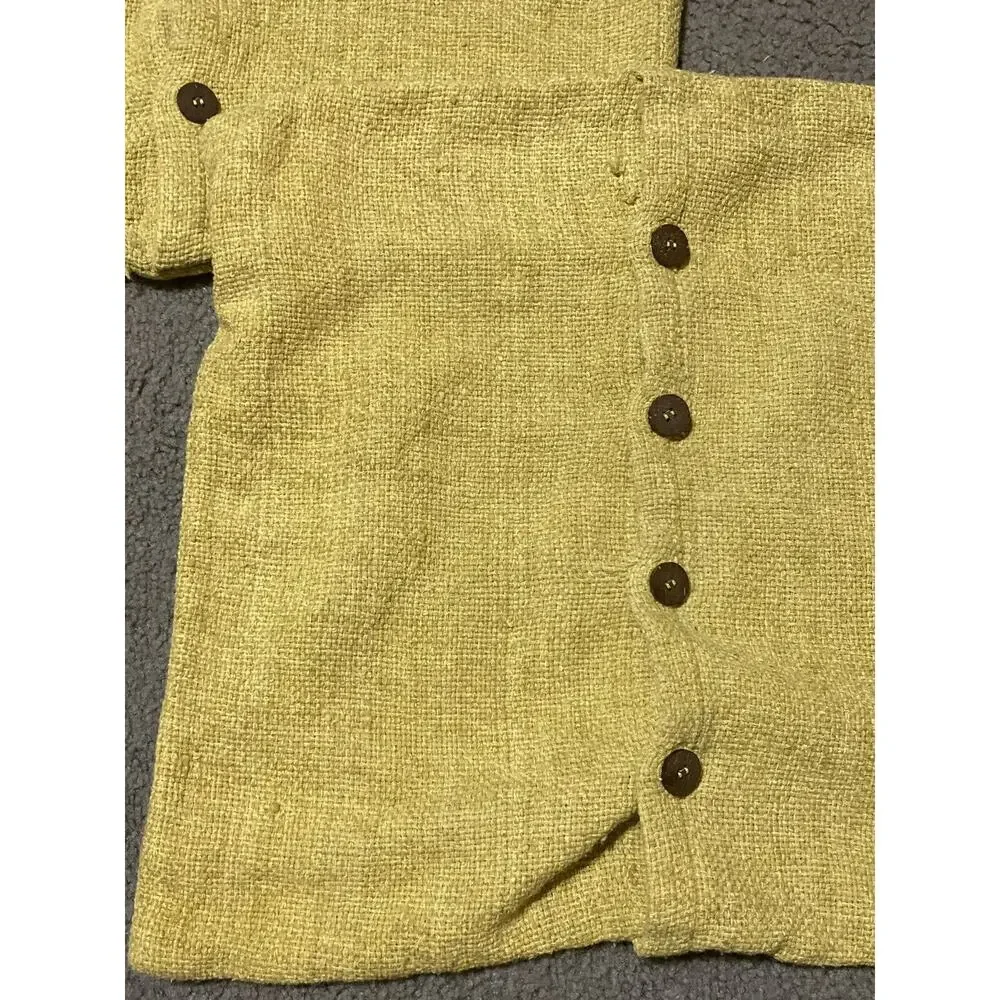 West Elm Yellow Brown Buttons Woven‎ Weave Silk Cotton Pillow Cover Button Back
